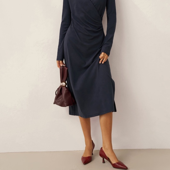 Linen Crossover V-Neck Wrap Stretch Midi Dress MARNIE - Picture 7 of 12